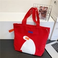 Red high-capacity tote bag with cartoon white goose print and drawstring side detail - Red