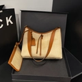 Woven beige tote bag with brown leather trim and matching small pouch in a black gift box - Brown Straw