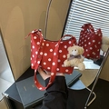 Chic red polka dot shoulder bag for women featuring a cute plush bear charm accessory - Red with Pendant