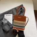 Bolso bandolera de paja con rayas coloridas y asa de cuero marrón mujer - Marrón