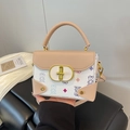 Mini cream leather crossbody bag with pink accents and cute bear prints with gold lock - White
