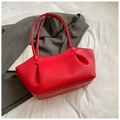 Chic red lychee grain leather tote bag with elegant pleated design and long handles - No Pendant / Red