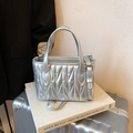 Quilted silver tote bag with decorative crystals and versatile detachable strap - Silver