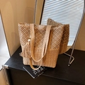 Beige hollow straw woven tote bag with fringe tassels and wood beads for beach - Khaki