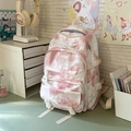 Pink and white tie-dye student backpack with dual front zipper pockets and side buckles - Pink Backpack Style