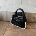 Bolso de charol negro con ribete de encaje blanco y lazo, estilo Lolita vintage - Negro