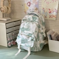 Green and white tie-dye student backpack with large capacity and multi-layer storage - Green Backpack Style