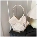 Cream beige hollowed-out tote bag featuring geometric laser cuts and a silk scarf handle - White
