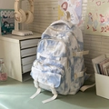 Blue and white tie-dye student backpack with multi-zipper layers and side buckles - Blue Backpack Style
