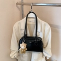 Glossy black quilted pillow bag with long handle and cute bear plush charm - Black (With Charm)