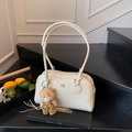 Creamy white minimalist Boston bag with plush bear charm and long shoulder straps - Beige (With Pendant)