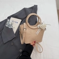 Elegant beige crocodile pattern bucket bag with pearl heart charm and lace bow detail - Khaki