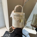 Cream bucket bag in matte leather with silk scarf handle and gold hardware - Off-white