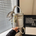 Silver bucket bag with metallic finish and decorative handle scarf in retro style - Silver