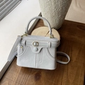 Light gray retro handbag with decorative gold belt and pocket stitching details - Blue