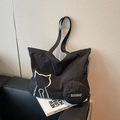Großer faltbarer schwarzer Shopper mit grünem Katzenprint und runder Münztasche - Schwarz