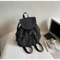 Detailed side view of a black plaid backpack featuring buckle flaps and drawstring closure - Black