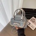 Blue denim ballet-style shell handbag with silver handles and lace bow detail - Blue and Silver