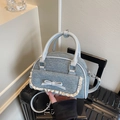 Light blue denim ballet shell bag with white lace trim and chic bow decoration - Blue