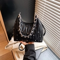 Fashionable black pleated shoulder bag with silver chain and rhinestone accents - Black