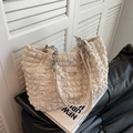 Chic cream bubble-textured tote bag with pearl chain detail and dual shoulder straps - White