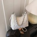 Pearlescent white quilted hobo bag with rhinestone embellishments and silver chain strap - White