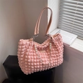 Pink bubble texture tote bag for women featuring decorative pearl and floral chain strap - Pink