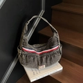 Vintage washed charcoal denim tote bag with red, white and blue stripes and side pockets - Black