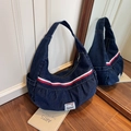 Deep blue denim hobo bag with red-white stripes and a minimalist canvas shoulder strap - Dark Blue