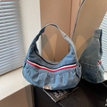 Denim blue large capacity shoulder bag with classic tricolor ribbon and pleated detail - Blue