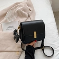 Black leather small square crossbody bag with gold lock and cute dog charm attachment - Black / Large
