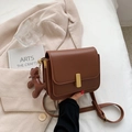 Brown vintage square crossbody bag with matte leather and a cute bear keychain charm - Brown / Large