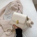 Cream white minimalist small square crossbody bag with gold buckle and dog charm - Beige / Large