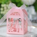 Detailed laser-cut pink wedding favor box with pearl paper finish and white silk ribbon - Pink
