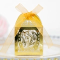 Detailed laser-cut gold wedding favor box with a horse motif and satin ribbon handle - Reflective Gold