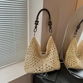 Beige crochet straw beach tote with decorative dark brown wooden bead handle - Off White