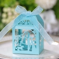 Detail of laser-cut light blue favor box with wedding silhouette and sheer ribbon - Tiffany Blue