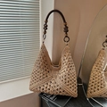 Beige hand-woven straw hobo tote bag with a decorative round wooden bead shoulder strap - Khaki