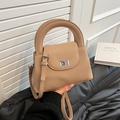 Khaki pleated bucket bag for women with round handle and silver twist lock detail - Khaki