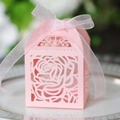 Pink laser-cut rose hollow candy box with ribbon for weddings and Valentine parties - Pink