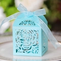 Light blue laser-cut rose candy box with ribbon for wedding and Valentine gift packaging - Tiffany Blue