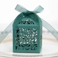 Detail of laser-cut rose hollow favor box in dark teal cardstock with chiffon ribbon - Dark Green