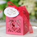 Detailed laser-cut pink wedding favor box with a red ribbon and thank you tag - Pearlescent Red
