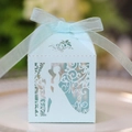 Close-up of light blue laser-cut candy box with Mrs silhouette and organza ribbon - Pearl Pale Blue