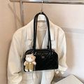 Minimalist black quilted leather tote bag with stylish bear charm and long shoulder handles - With Charm / Black