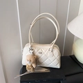 Chic beige quilted shoulder bag with COIN ZDN logo and cute plush bear charm accessory - With Charm / White