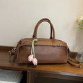 Brown litchi leather Boston bag with tulip pendant and adjustable shoulder strap - With Charm / Brown