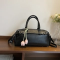 Chic black litchi pattern Boston bag with silver hardware and pink tulip charm - With Charm / Black