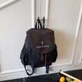 Black casual nylon backpack with pink embroidery and red drawstring for travel - Black
