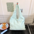 Mint green floral canvas tote bag with corduroy texture and white flower pattern print - Green